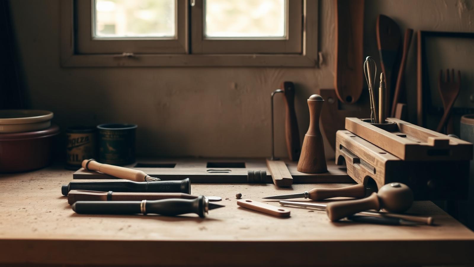 Craftsman's workbench with hand tools neatly arranged in soft daylight