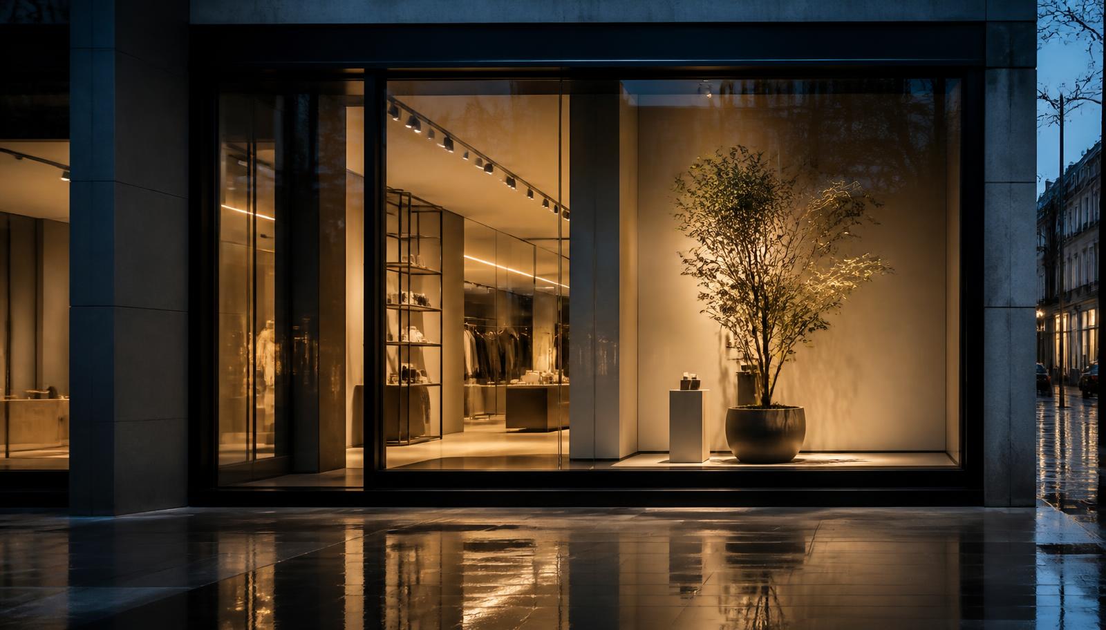 Warmly lit modern storefront window glowing at blue hour, reflections on wet pavement