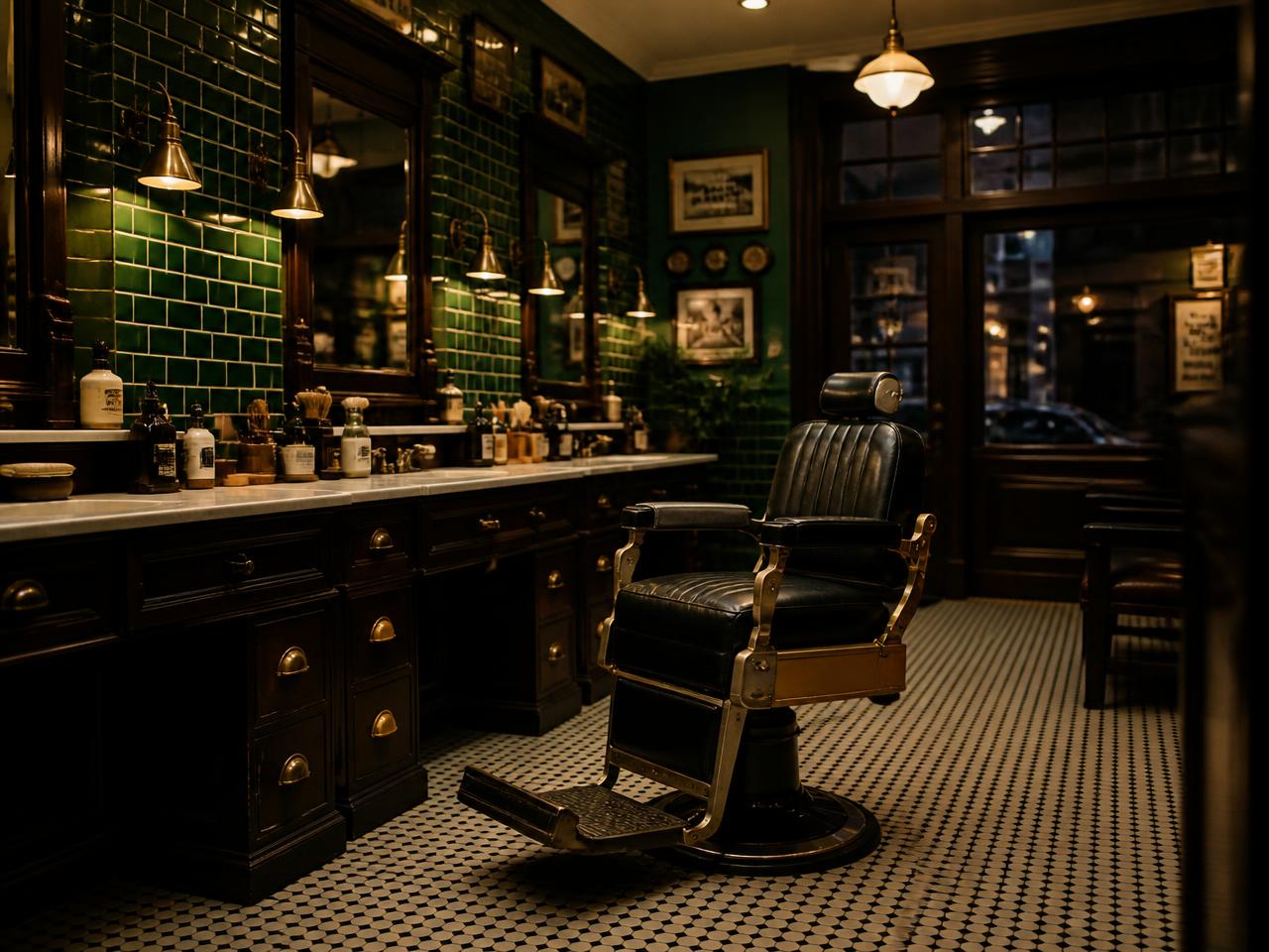 Barber shop interior lit with warm amber light
