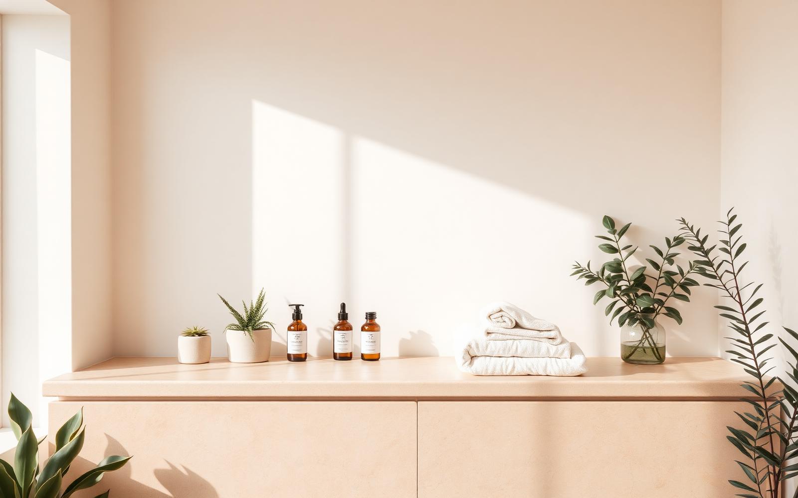 Minimal skincare studio with cream walls, stone counter and sage plants