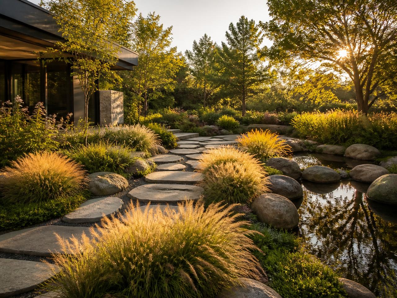 Landscaper setting natural stone beside a garden water feature