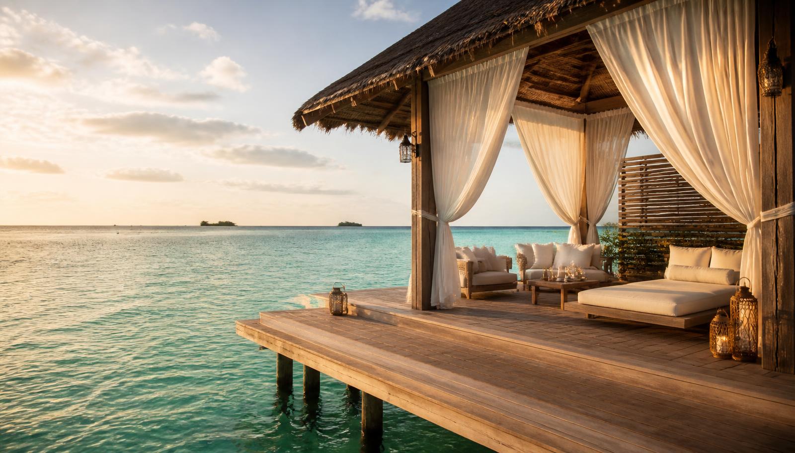 Luxury overwater cabana above clear turquoise ocean at golden hour