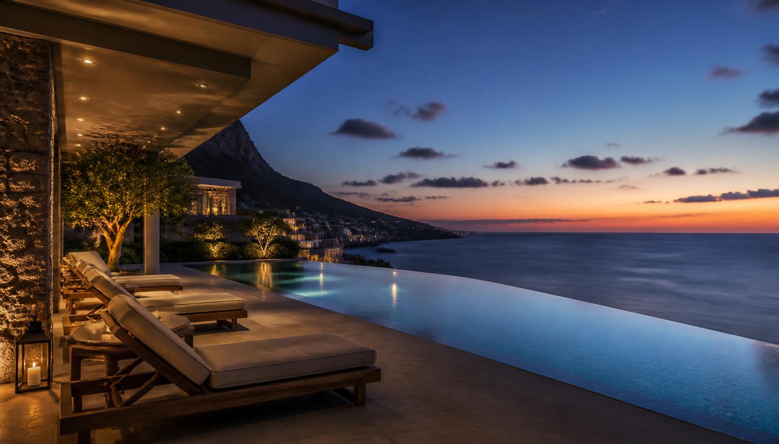 Cliffside infinity pool terrace overlooking a calm ocean at dusk